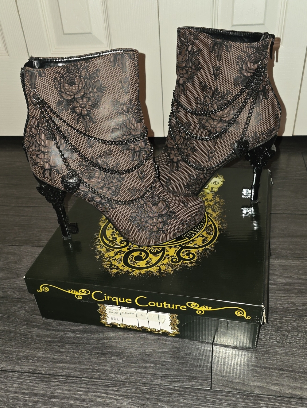 Too Fast Black Floral Lace Chain Detail Ankle Booties